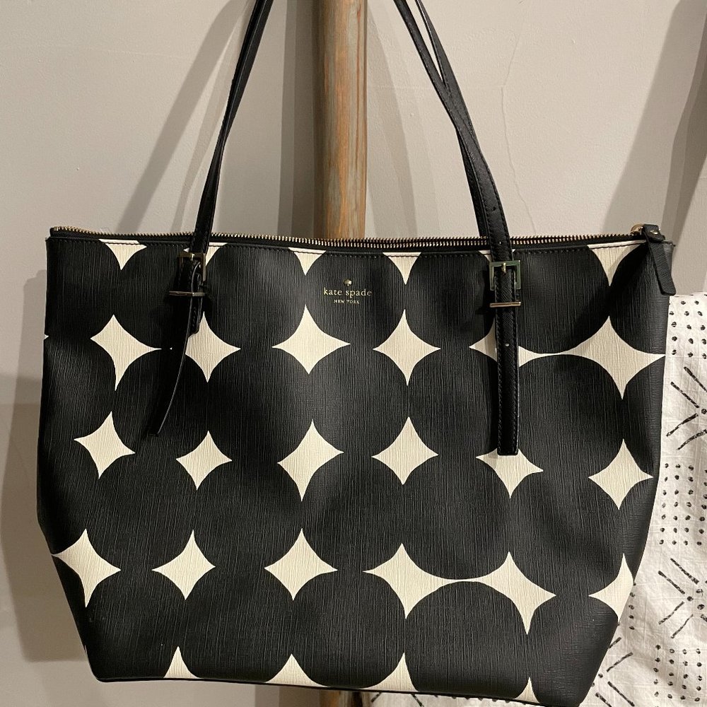 Kate Spade Black/Off-White Polka Dot Large Tote Purse